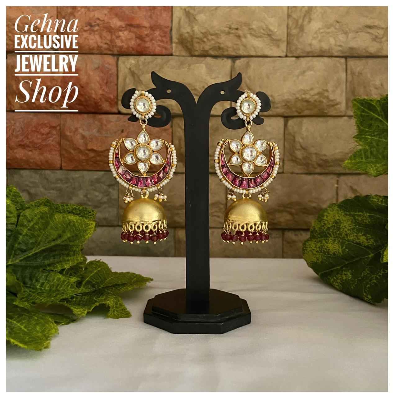 Traditional Hand Gold Toned Pacchi Kundan Party Wear Jhumki Earrings
