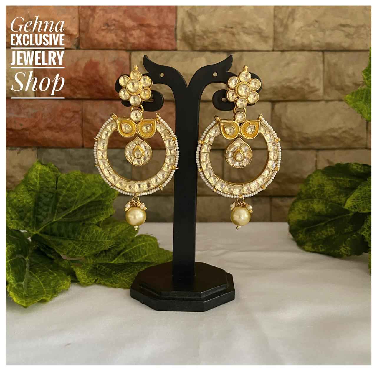 Traditional Hand Made Gold Toned Jadau Pacchi Kundan Chandbali Earrings
