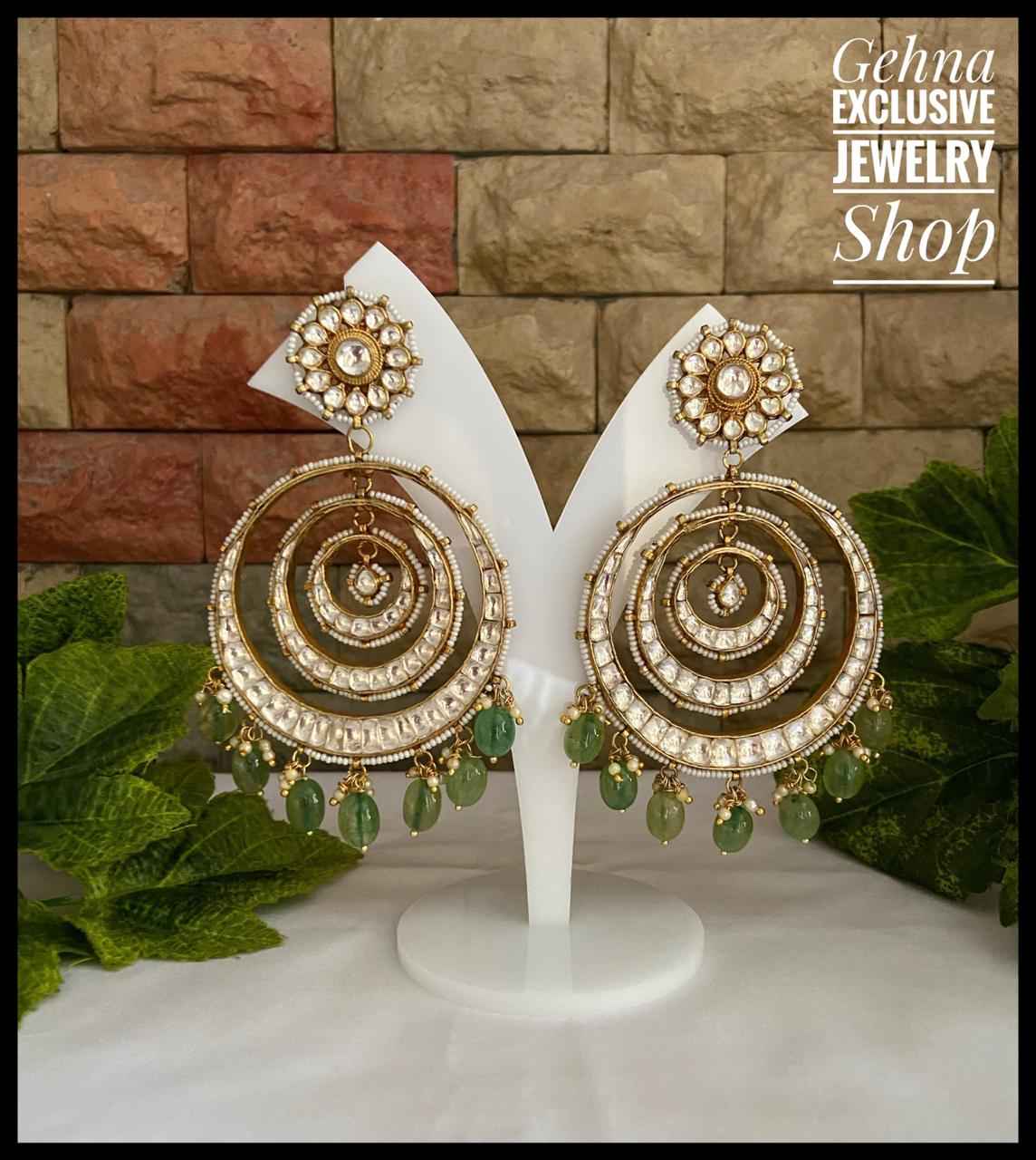 Traditional Handmade Gold Toned Bridal Jadau Kundan Big Chandbali Earrings For Brides