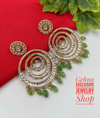 Traditional Handmade Gold Toned Bridal Jadau Kundan Big Chandbali Earrings For Brides