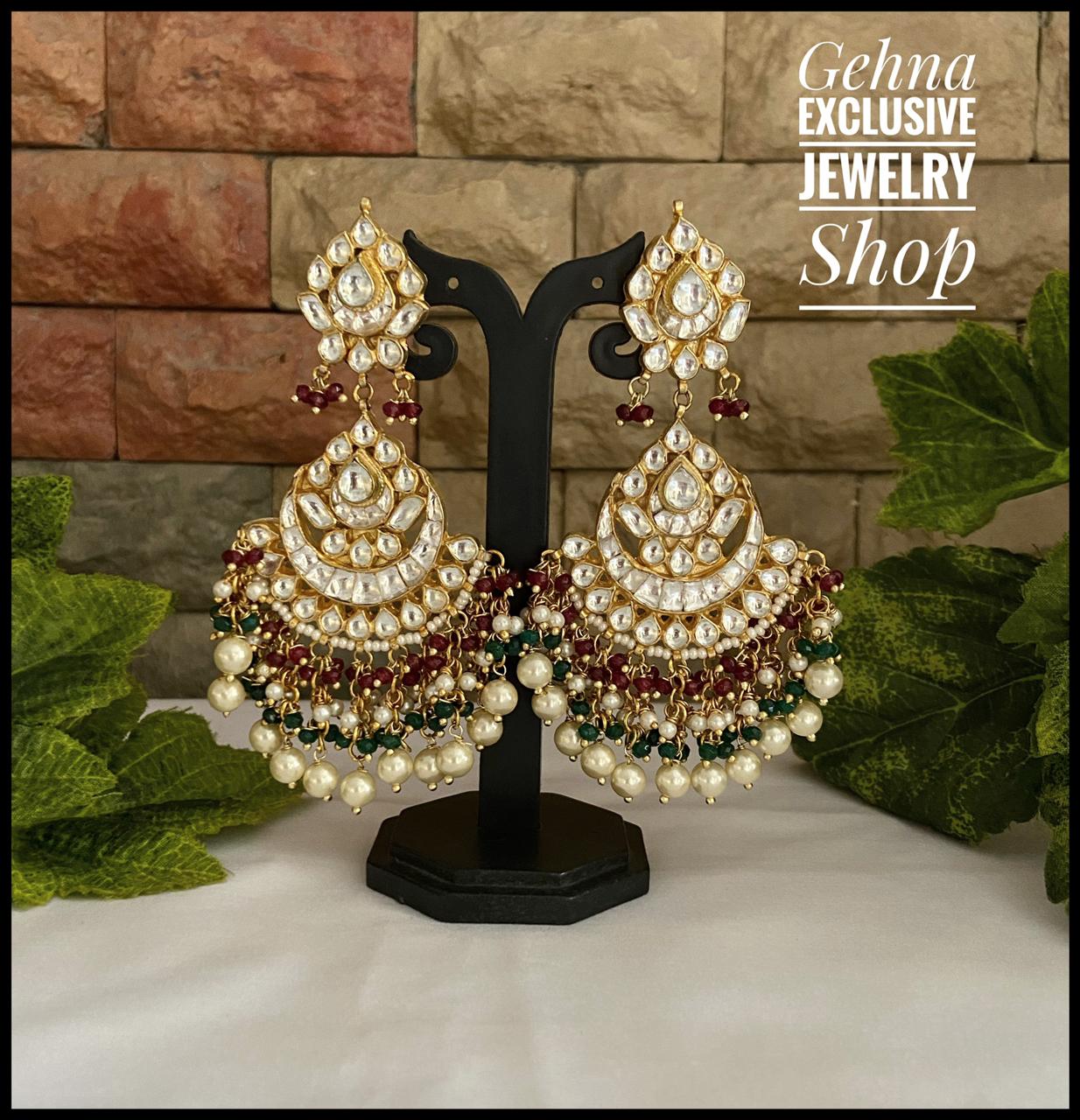 Traditional Handmade Jadau Pacchi Kundan Wedding Chandbali Earrings Kundan Earrings