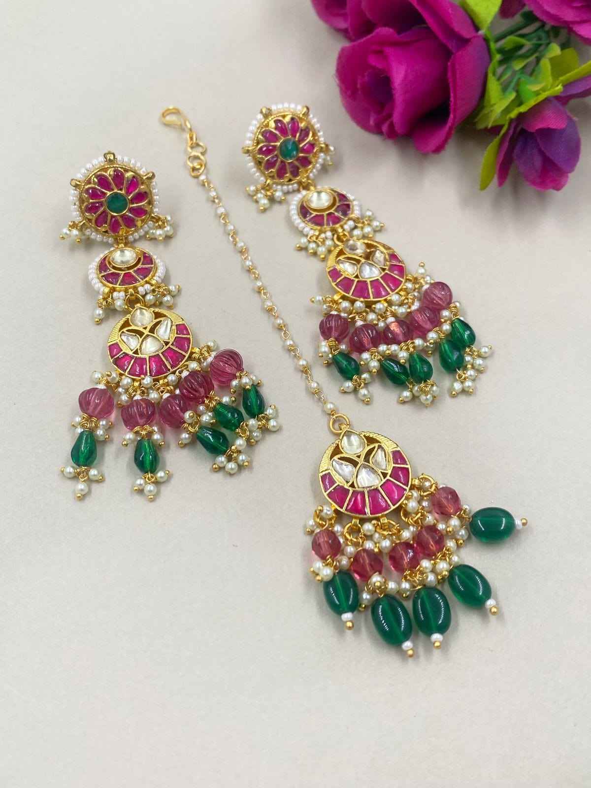 Traditional Jadau Bridal Long Earrings And Tikka Set By Gehna Shop