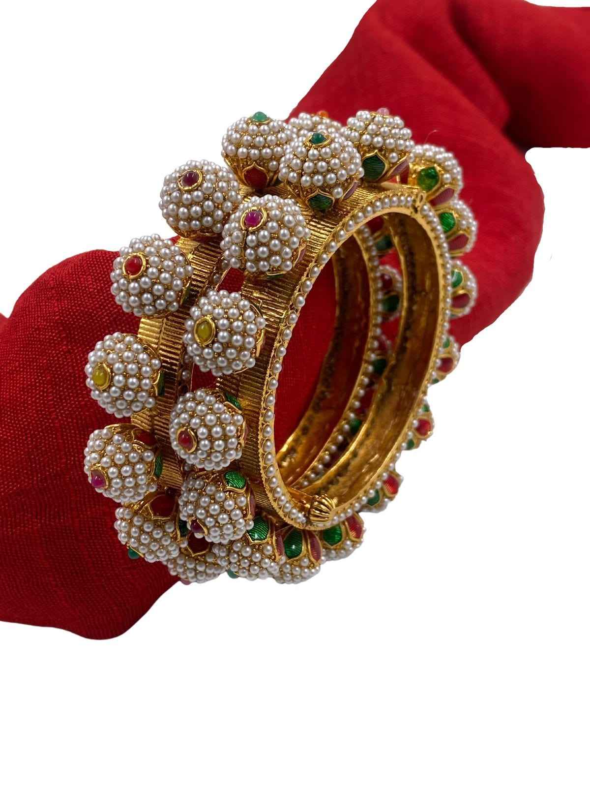 Traditional Jadau Pearls Gokhru Pacheli Bangle Set For Women By Gehna Shop