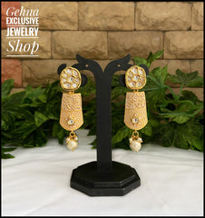Traditional Light Weight Gold Toned White Enamel Kundan Dangler Earrings Kundan Earrings