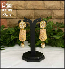 Traditional Light Weight Gold Toned White Enamel Kundan Dangler Earrings