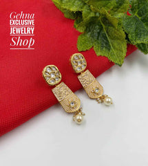 Traditional Light Weight Gold Toned White Enamel Kundan Dangler Earrings