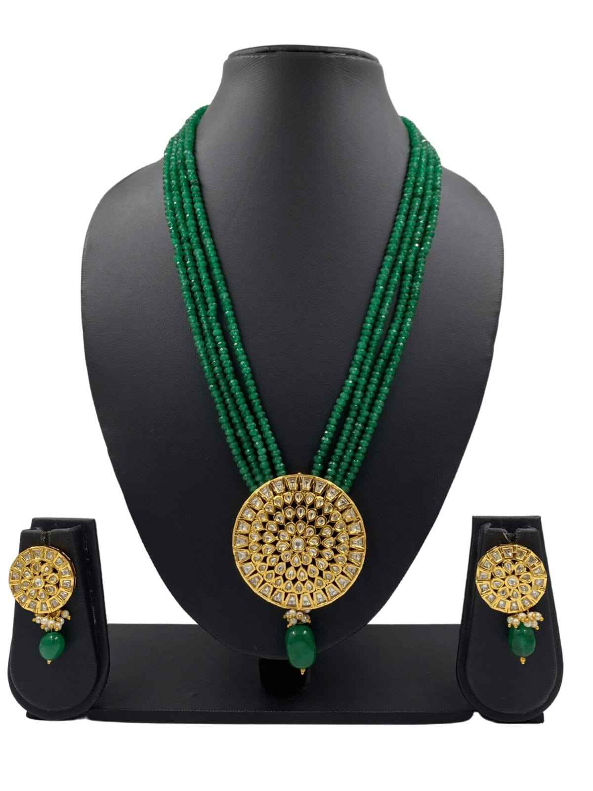 Traditional Long Kundan Pendant Necklace Set With Green Jade Beads For Women