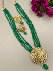 Traditional Long Kundan Pendant Necklace Set With Green Jade Beads For Women