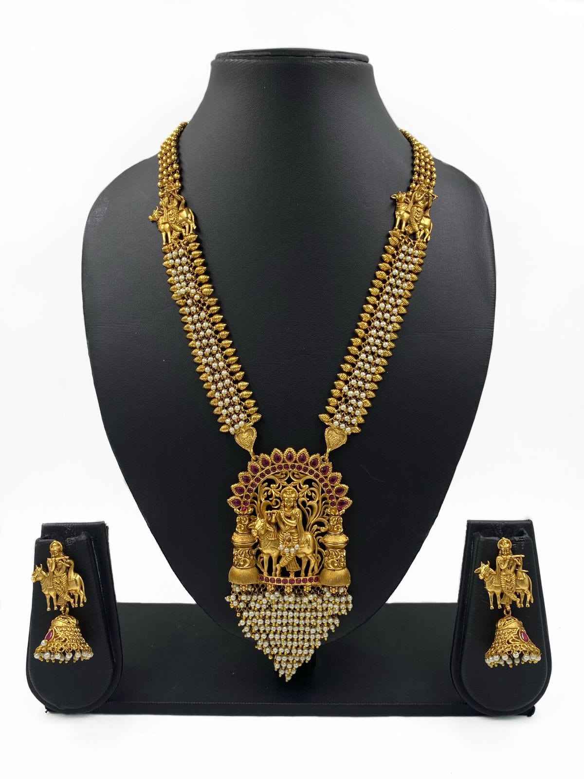 Traditional Lord Krishna Long White Temple Necklace Set For Ladies By Gehna Shop