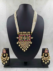 Traditional Lotus Print Gold Plated Handmade Kundan Pendant With Pearl Beads Necklace Set For Woman
