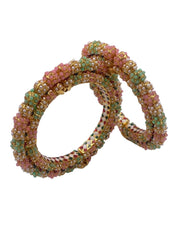 Traditional Pink And Green Color Pearls Bangle Set For Women Bangles