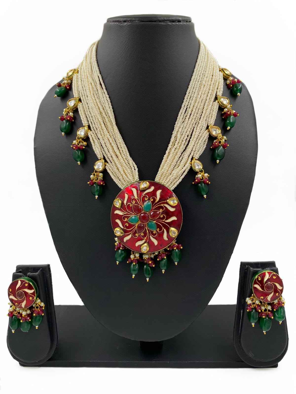 Traditional Red Meenakari Pendant Necklace Set With Pearls By Gehna Shop