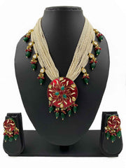 Traditional Red Meenakari Pendant Necklace Set With Pearls By Gehna Shop