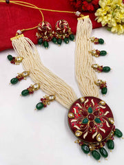 Traditional Red Meenakari Pendant Necklace Set With Pearls By Gehna Shop