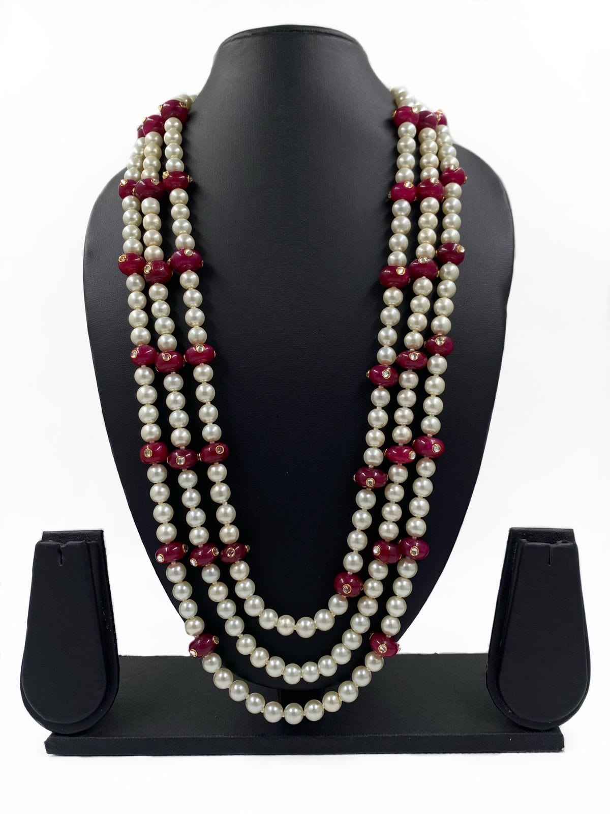 Triple Layered Long Pearls Necklace Sherwani Mala For Men By Gehna Shop