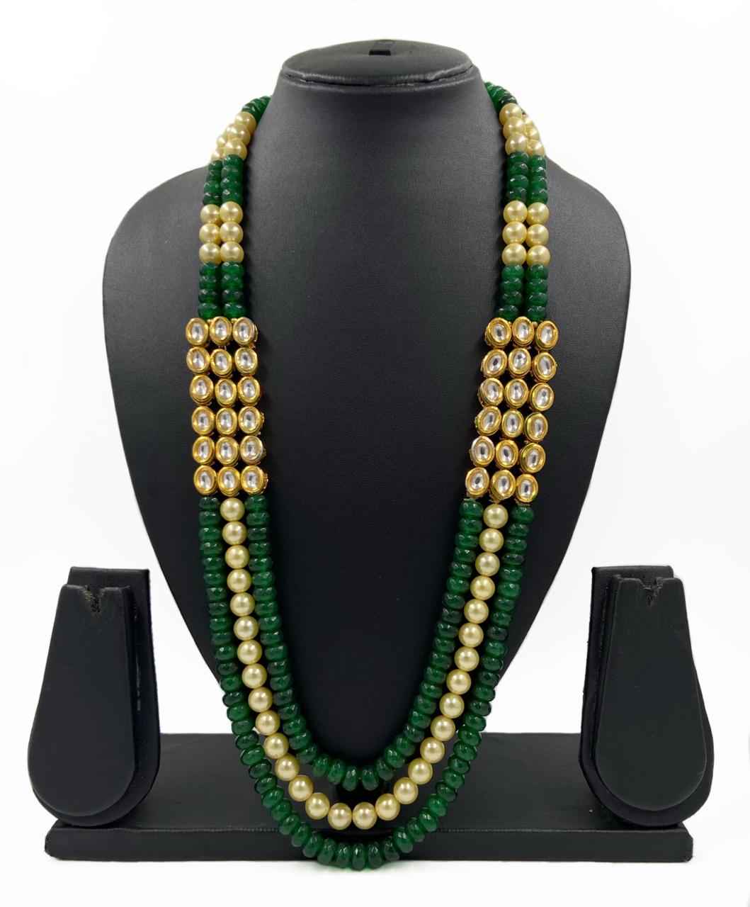 Triple Layered Semi Precious Green Jade And Pearl Beaded Necklace For Men.