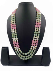 Unisex Long Triple Layered Semi Precious Jade Beads Necklace - Mint And Pink Color Beads Jewelry