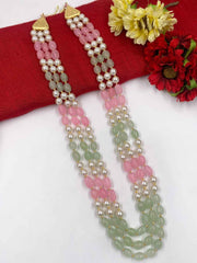 Unisex Long Triple Layered Semi Precious Jade Beads Necklace - Mint And Pink Color Beads Jewelry