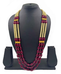 Triple layered Semi Precious Red Jade Pearl Beads Necklace For Men.