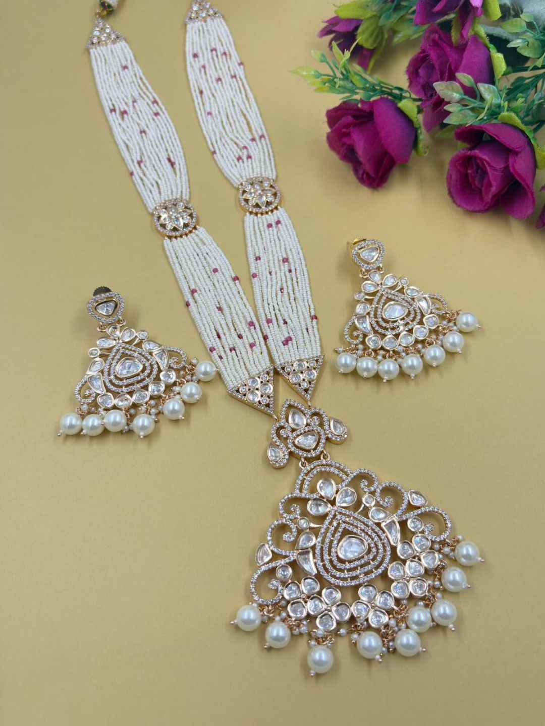 Long Mossanite Polki Pendant Necklace Set With Beaded Pearls - Luxury Wedding Necklace