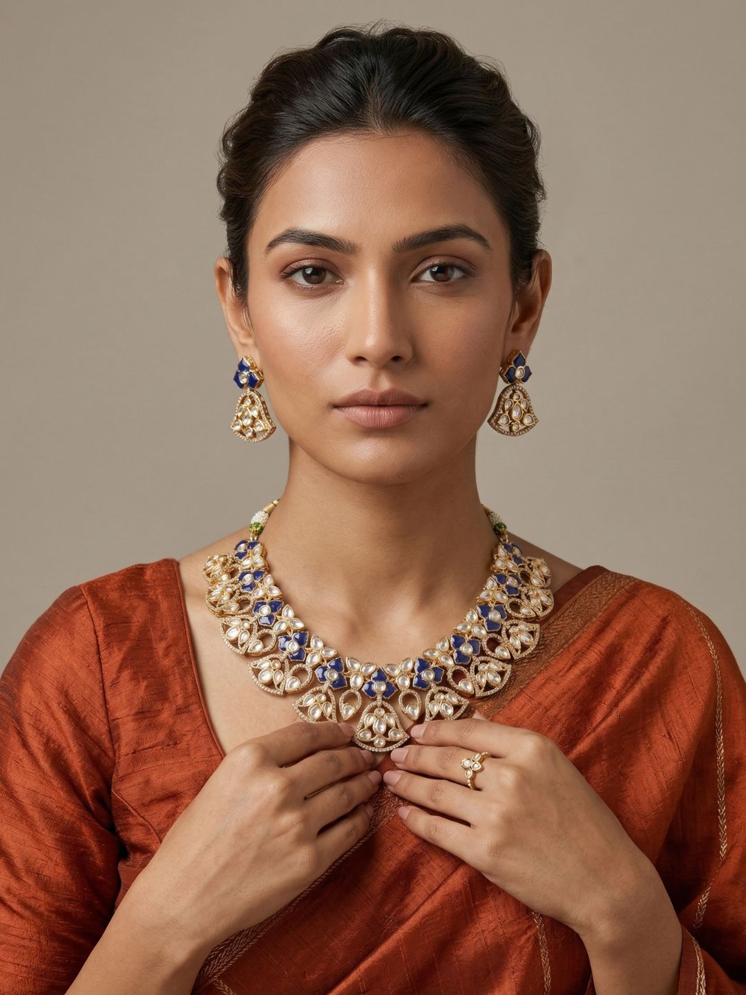 Designer Gold Plated blue Kundan Polki Necklace Set For Weddings - Bridal Necklace Set