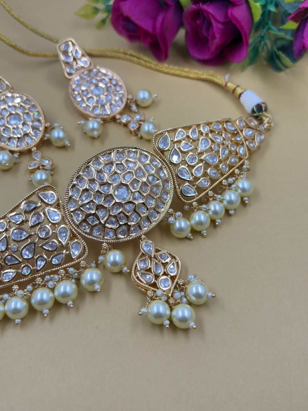 Gold Plated Statement Look Kundan Choker Necklace Set - Wedding And Party Wear pearl kundan choker 