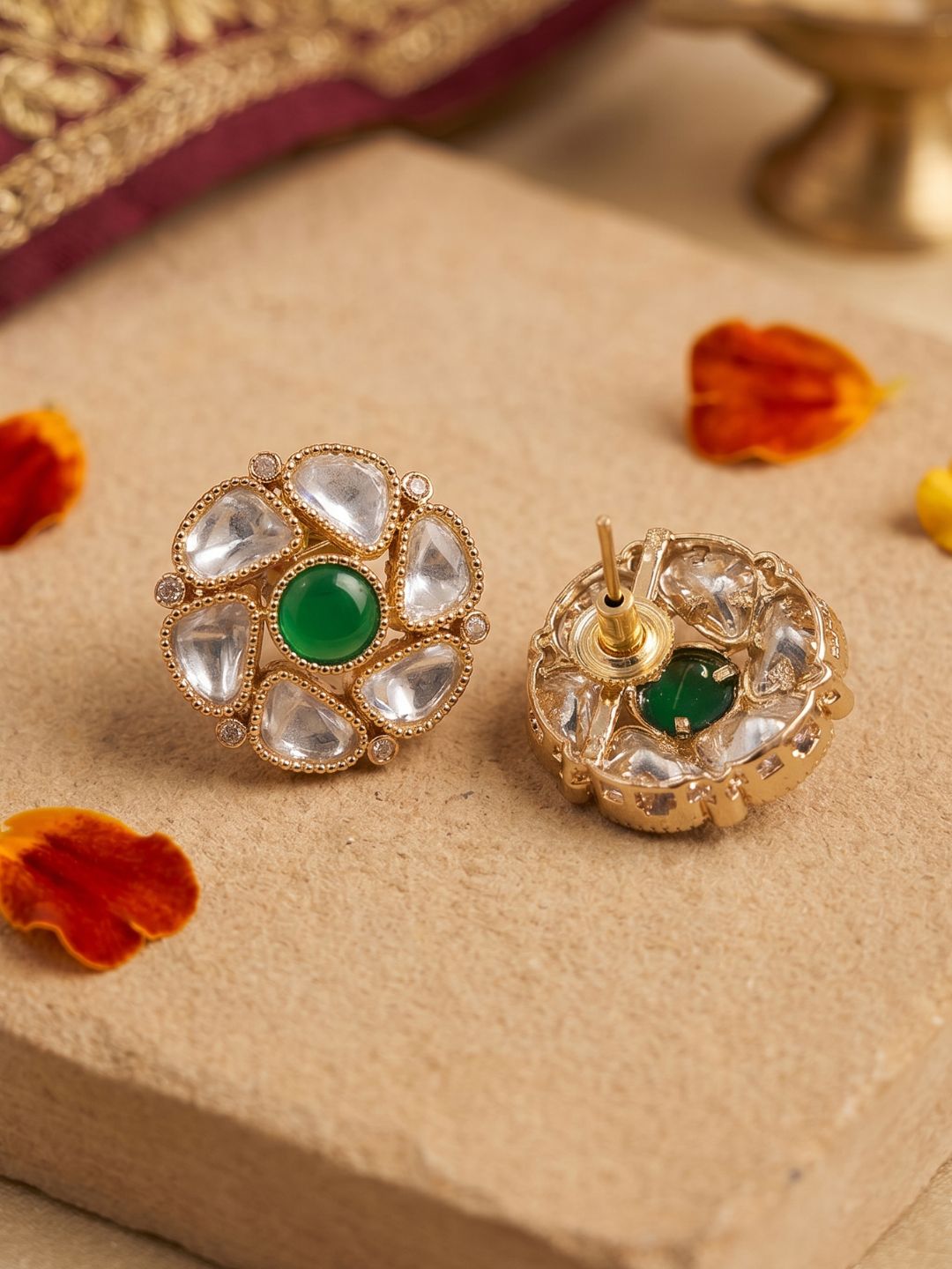 Elegant Gold Plated Polki Kundan Stud Earrings For Women | Ethnic And Traditional Indian green kundan stud Earrings