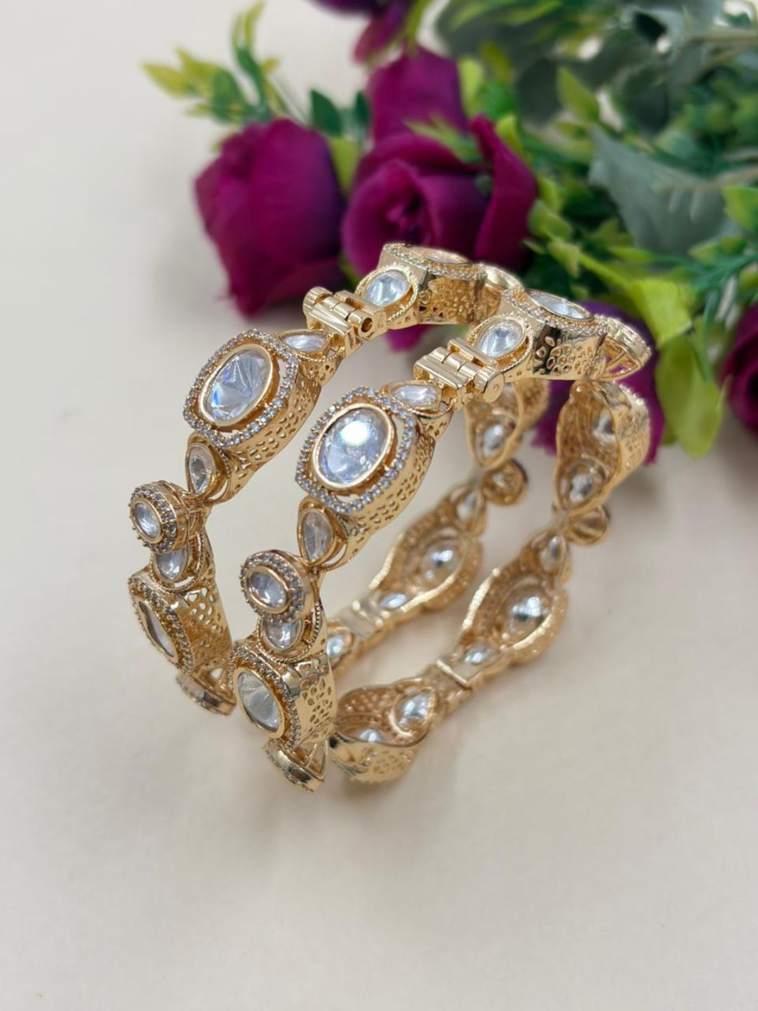 Rukmani Rose Gold Finish Kundan Polki Bangles For Women - Ethnic And Traditional Wear