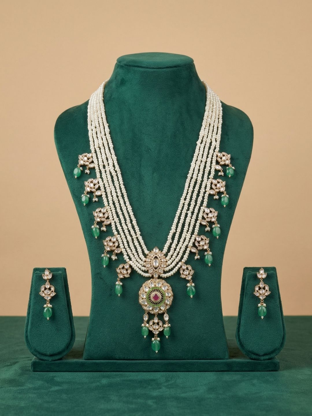 Multi Layer Real Pearl And Kundan Pendant Necklace Set With Green Drops | Bridal & Festive Ethnic Jewellery