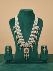 Multi Layer Real Pearl And Kundan Pendant Necklace Set With Green Drops | Bridal & Festive Ethnic Jewellery