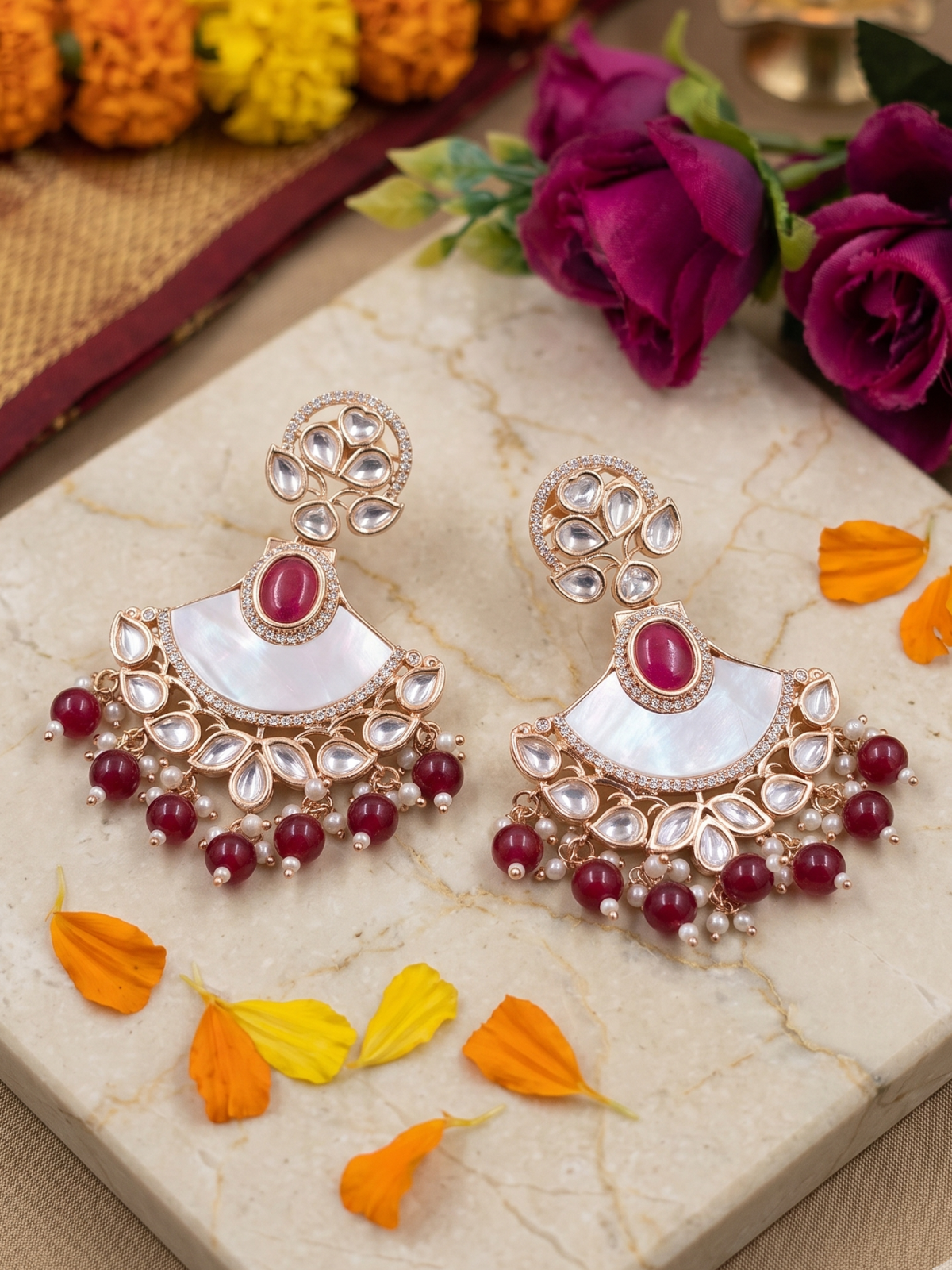 Designer Kundan And Mother Of red Beaded Chandbali Earrings For Women  - Statement Earrings