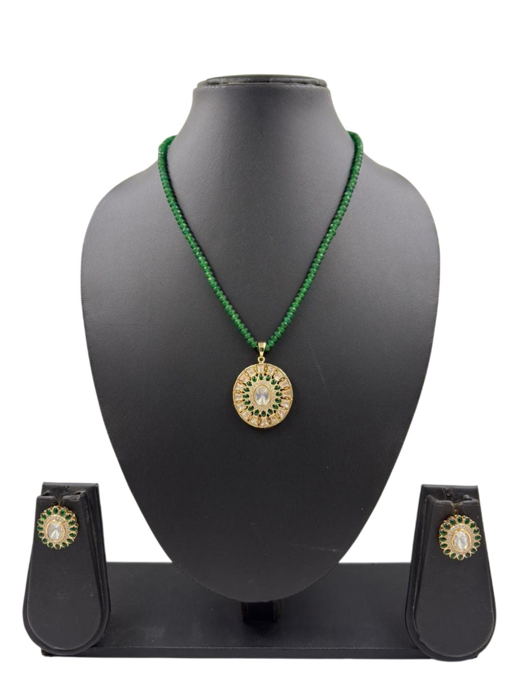 Gold Plated Kundan Pendant And Earring Set With gren jade Beaded Chain - Festive Wear Necklace