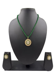 Gold Plated Kundan Pendant And Earring Set With gren jade Beaded Chain - Festive Wear Necklace