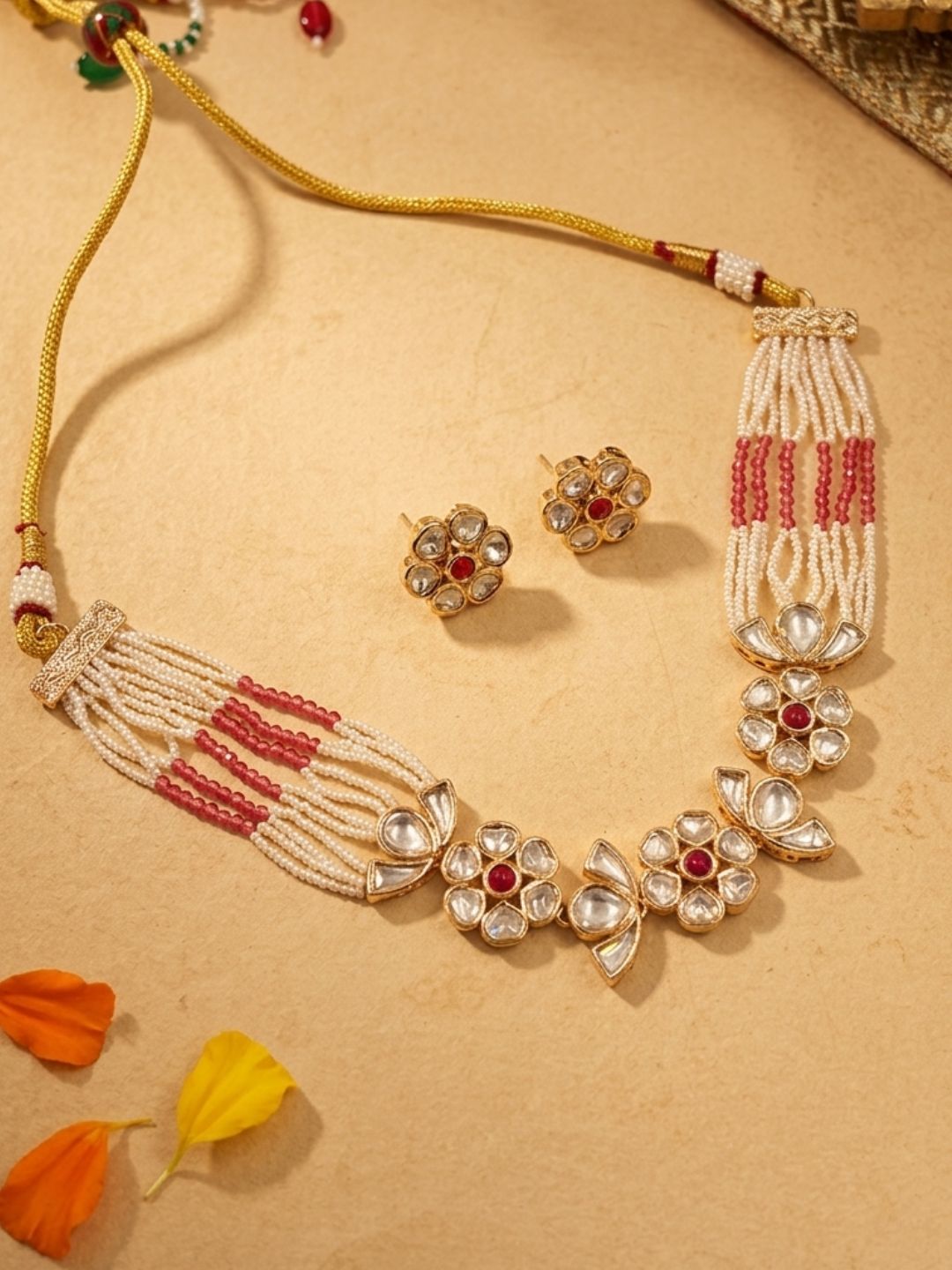 Modern Kundan And Pearl red Choker Necklace Set | Contemporary Indian Choker Jewelry