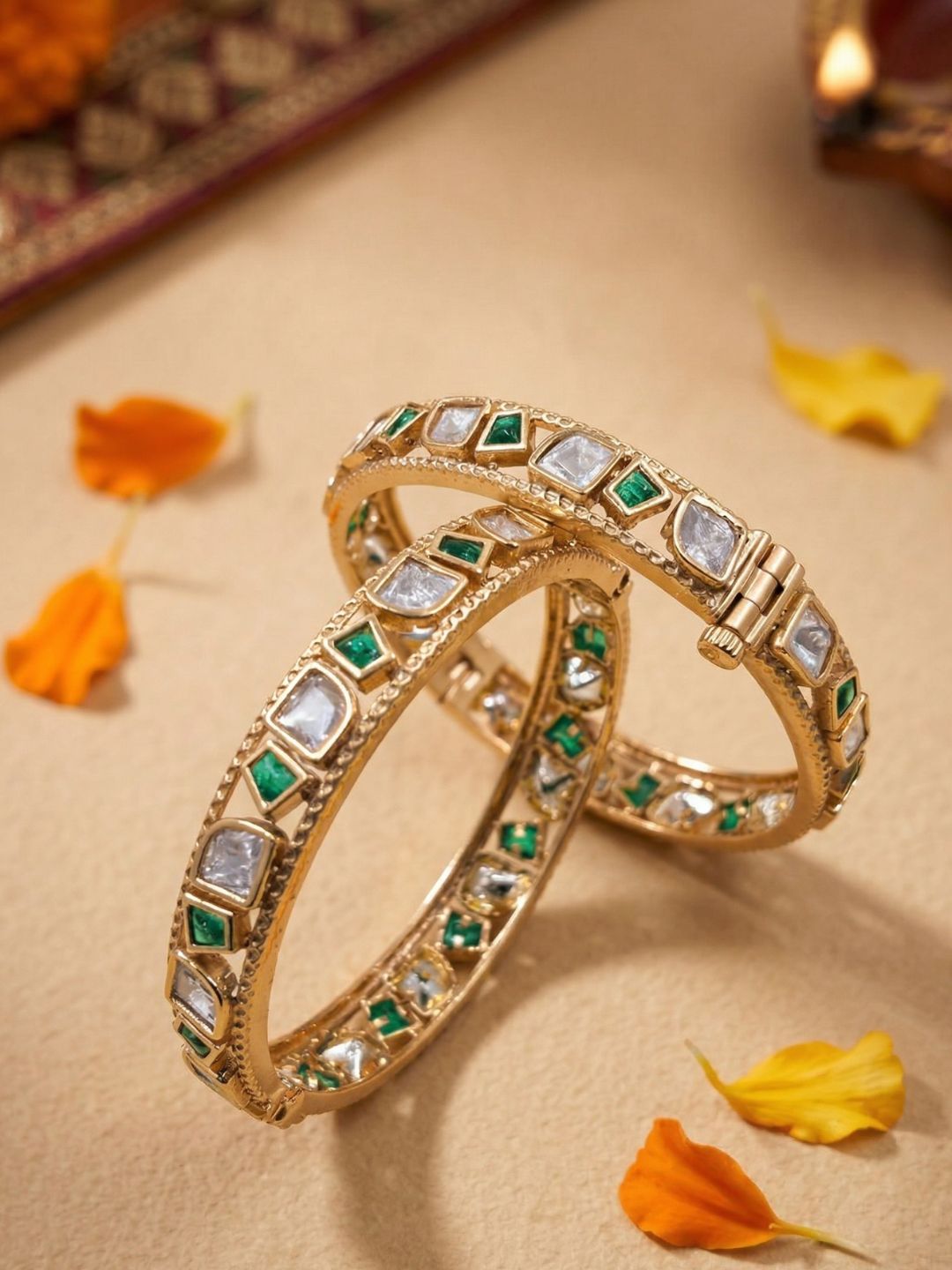 Elegant Gold Plated Emerald & Uncut Polki Bangles Set For Women - Wedding & Festive Wear