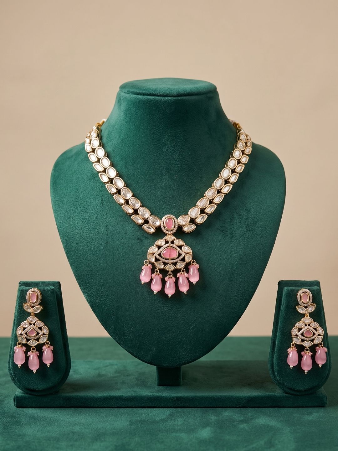 Rose Gold Finish Kundan Necklace Set - Wedding And Party Wear baby pink Kundan Jewelry