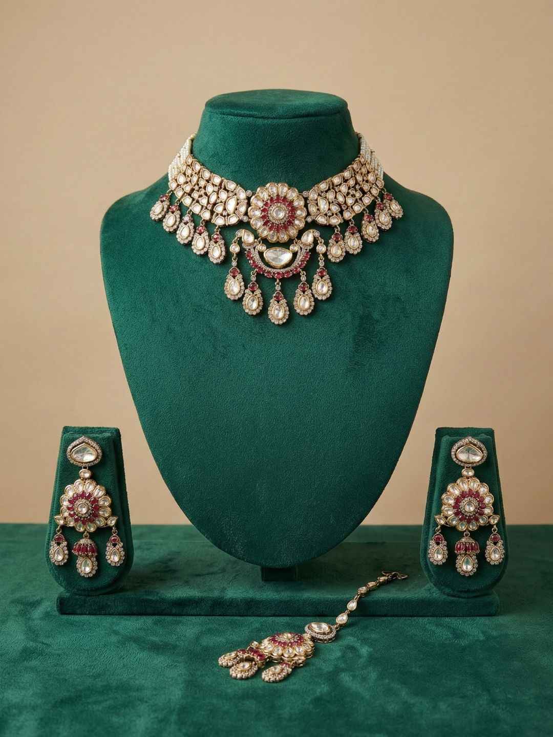 Luxurious Victorian Mossanite Polki Kundan Beaded Choker Necklace Set With Tikka | Wedding Wear