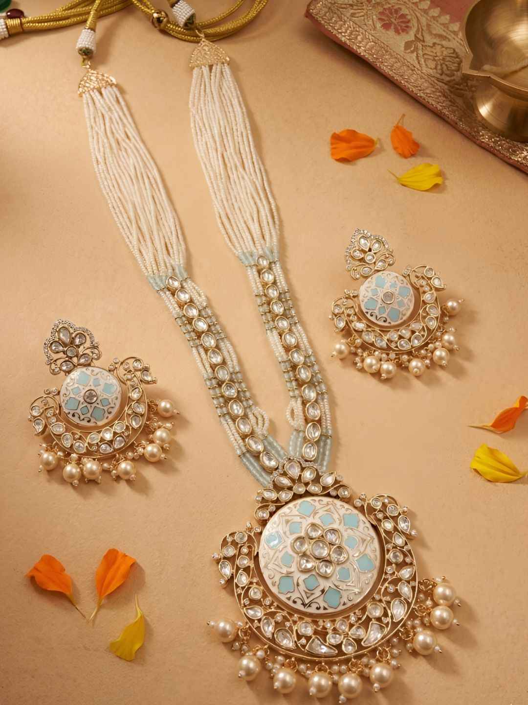 Traditional Long Beaded Kundan Pendant Necklace Set With Enamel | Wedding Jewellery Set