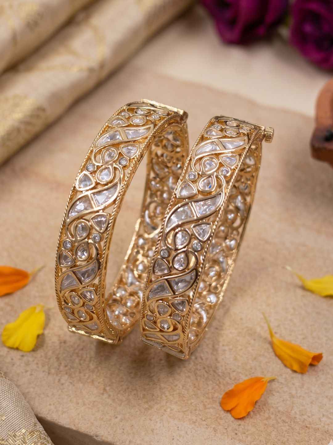 Gold Palted Uncut Polki Kundan Kada Bangles | Wedding And Festive Wear Indian Bangles