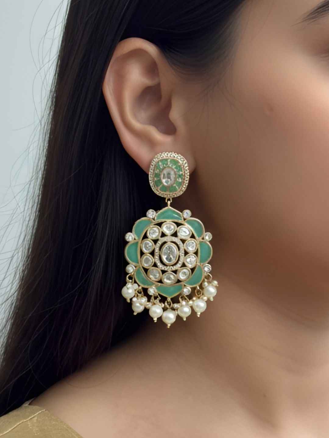 Traditional Kundan  and light green Stone studded Earrings for Women | Statement Earrings For Ethnic & Festive Wear