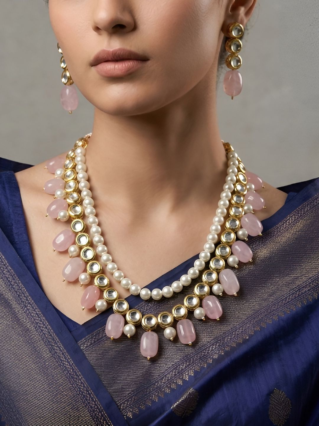 Traditional Gold Plated Beaded Kundan Necklace Set For Women - Ethnic Indian Jewellery Set