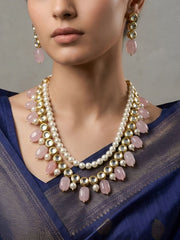 Traditional Gold Plated Beaded Kundan Necklace Set For Women - Ethnic Indian Jewellery Set