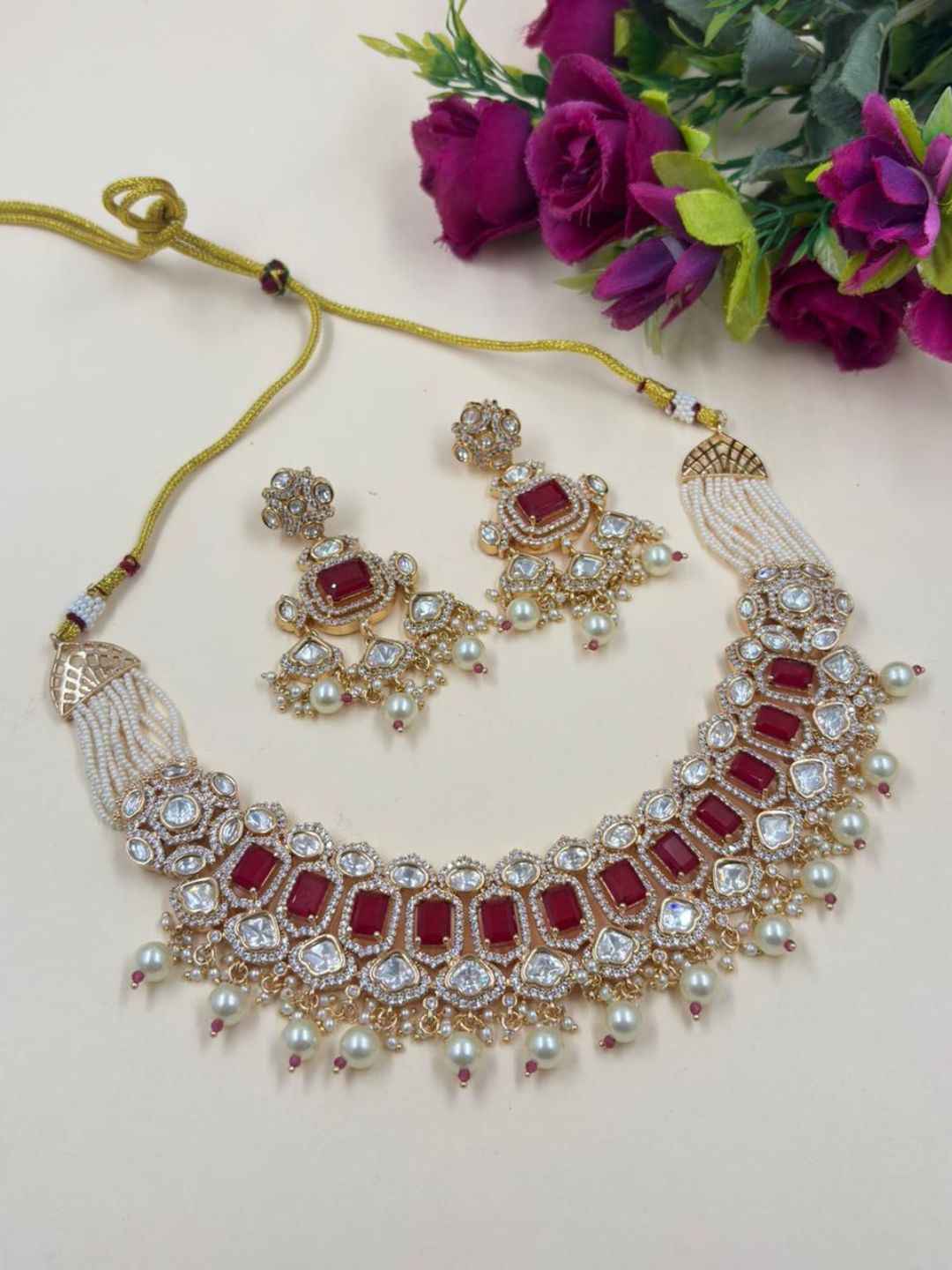 Designer Gold Plated Beaded Ruby Stone And Polki Wedding Jewellery Set | Traditional And Ethnic Wear