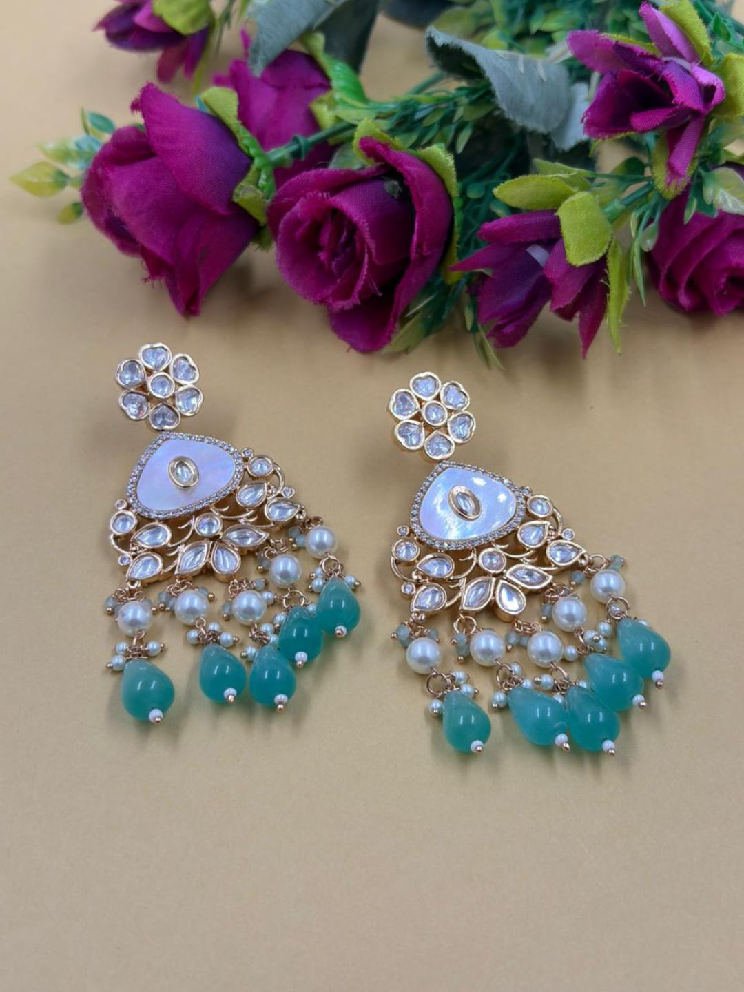 Elegant Gold Plated Mother Of Pearl And Kundan Earrings For Weddings - Statement Earrings