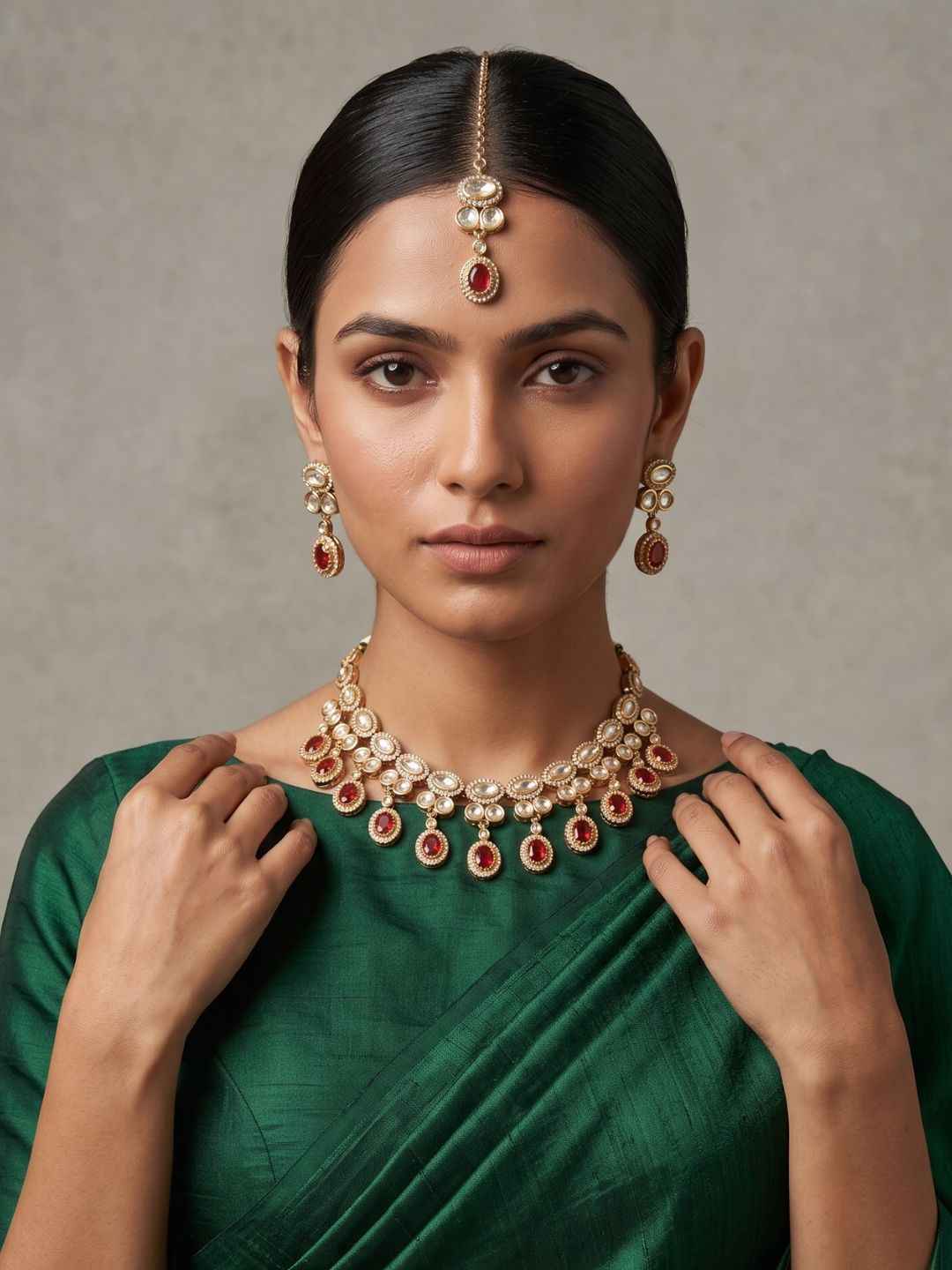 Gold Plated Polki Kundan Necklace Set With Tikka | Wedding & Festive Jewellery Set