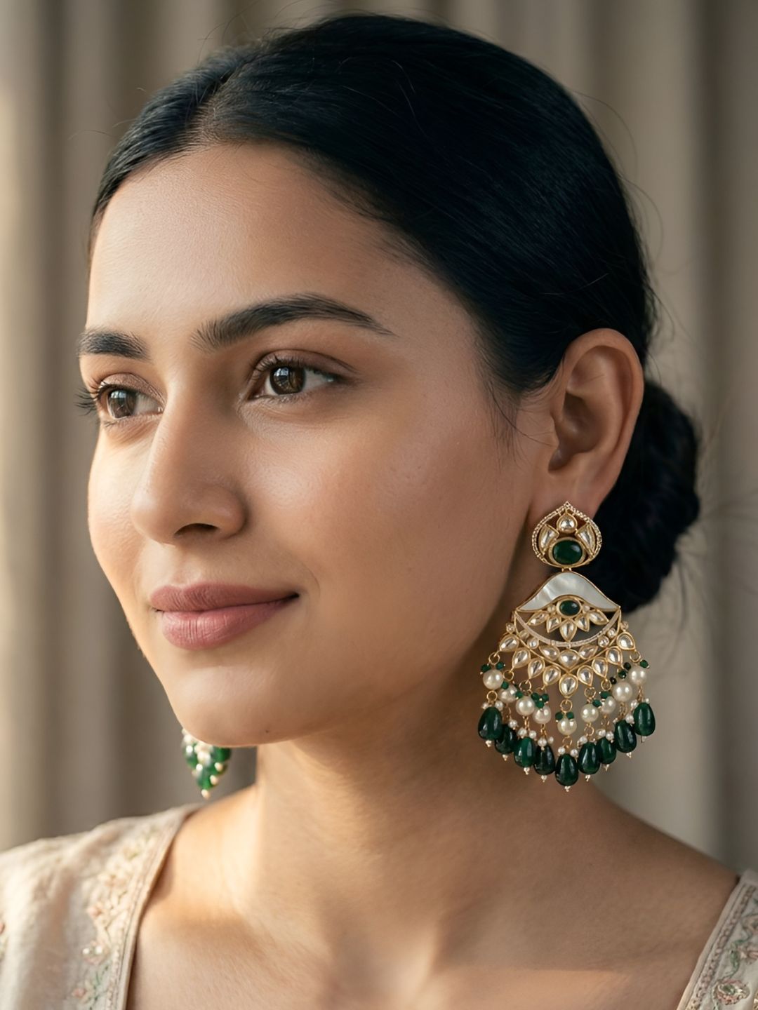 Mrunali Mother Of Pearl Polki Chandbali Earrings | Designer green chandbali Wedding Earrings 