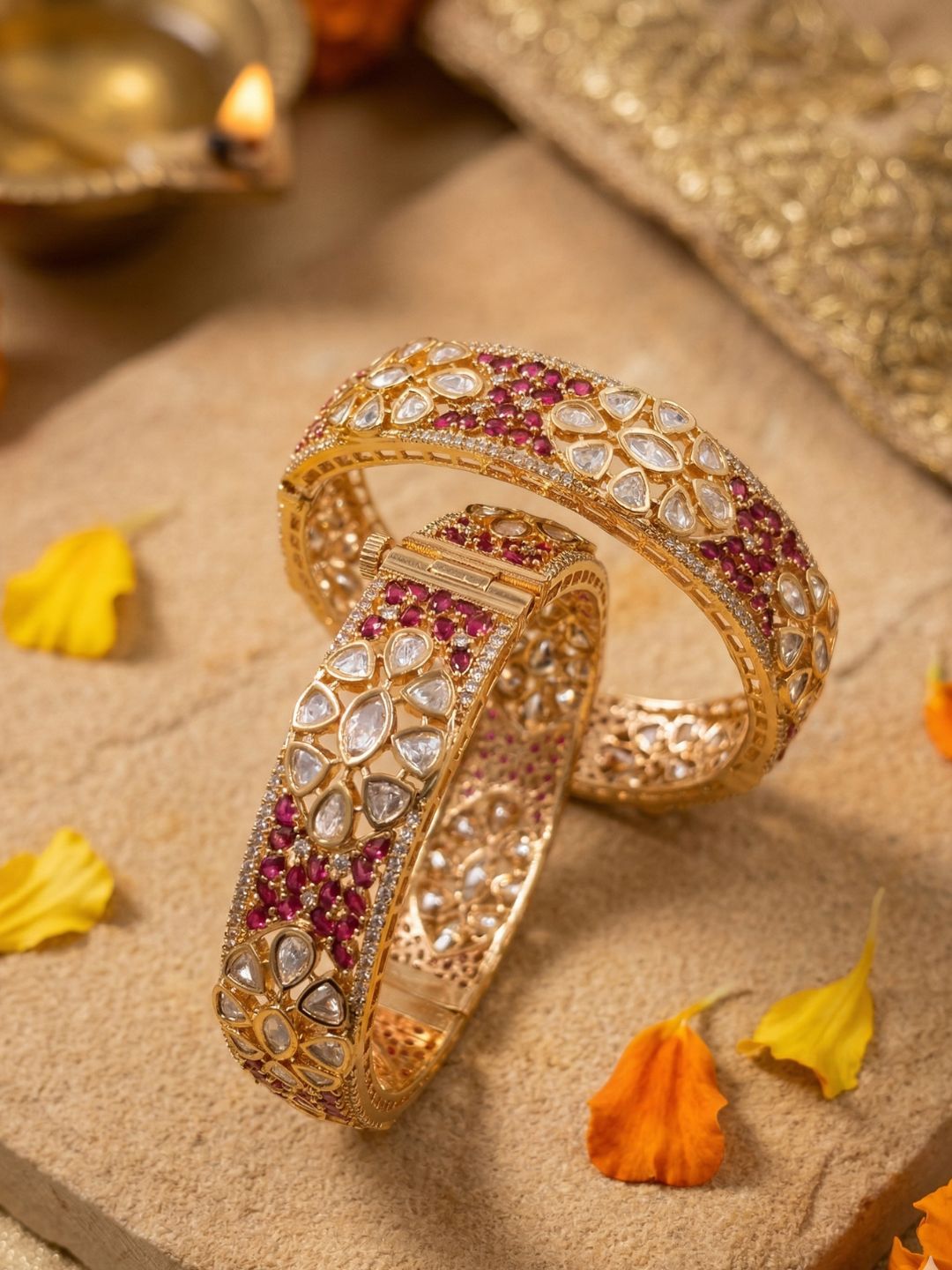 Royal Gold Plated Openable Uncut Polki Kundan ruby stones Kada Bangles For Women | Ethnic & Traditional Wear