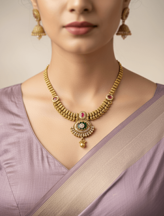 Gold Plated Golden Necklace Set For Women - Traditional Jewellery Set