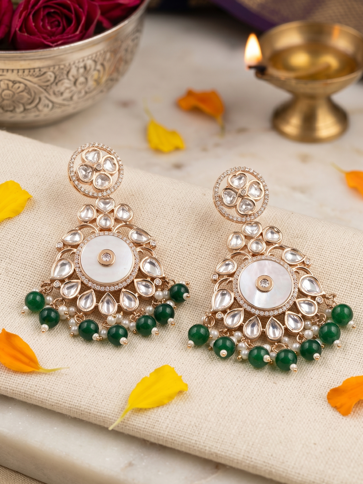 Designer Mother Of Pearl And Kundan Green beaded Chandbali Earrings For Women - Wedding & Festive Wear