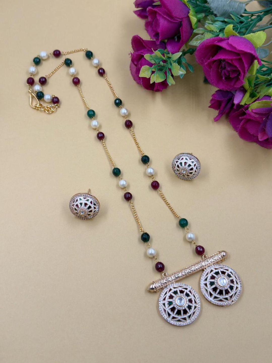 Traditional Long Beaded Chain Pendant Necklace Set With multicolor Meenakari - Ethnic Jewellery Set